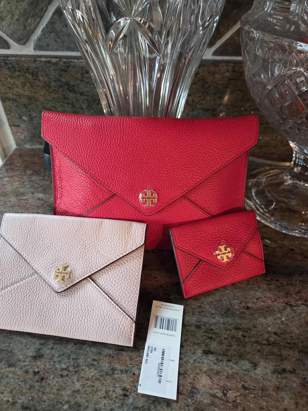 Tory Burch Red Pebbled Leather Envelope Clutch And Two Cardholders